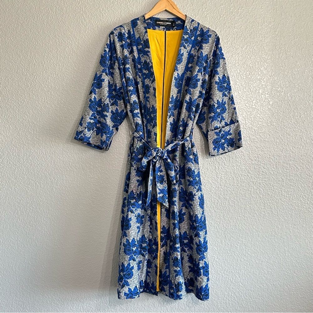 Gabrielle Union NY&Co Kimono Jacket Tie Waist Grey Blue Floral Open Front Medium